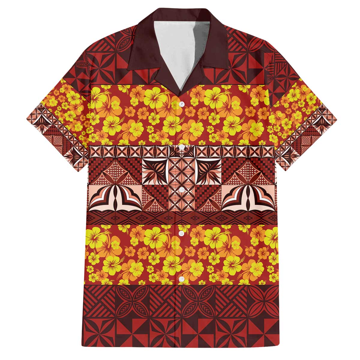 Samoa Siapo and Tapa Family Matching Puletasi and Hawaiian Shirt Pacific Tribal Pattern with Hibiscus Striped Style LT03 Dad's Shirt - Short Sleeve Red - Polynesian Pride