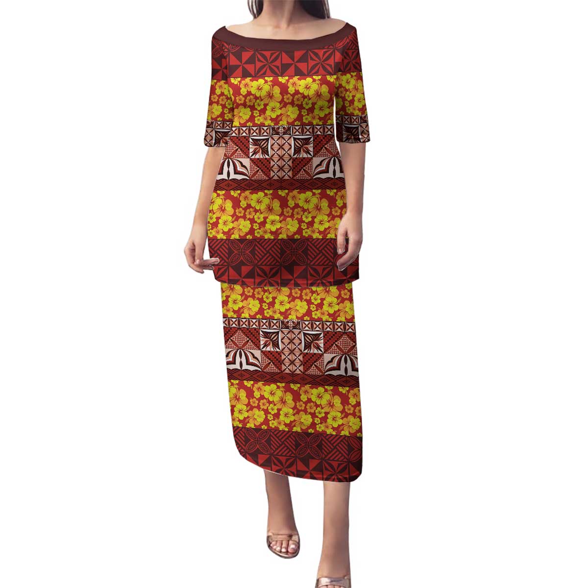 Samoa Siapo and Tapa Family Matching Puletasi and Hawaiian Shirt Pacific Tribal Pattern with Hibiscus Striped Style LT03 Mom's Dress Red - Polynesian Pride
