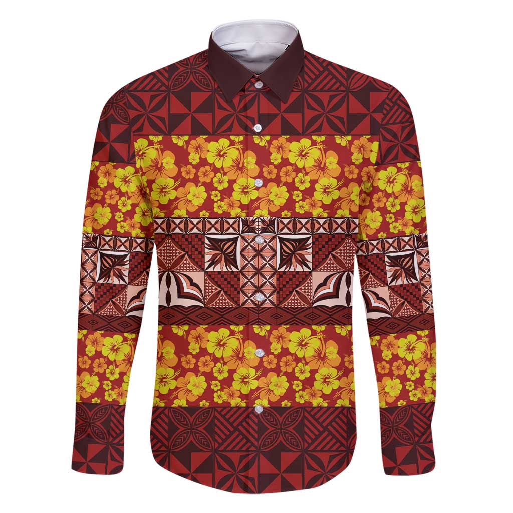 Samoa Siapo and Tapa Family Matching Short Sleeve Bodycon Dress and Hawaiian Shirt Pacific Tribal Pattern with Hibiscus Striped Style LT03 Dad's Shirt - Long Sleeve Red - Polynesian Pride