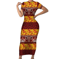 Samoa Siapo and Tapa Family Matching Short Sleeve Bodycon Dress and Hawaiian Shirt Pacific Tribal Pattern with Hibiscus Striped Style LT03 Mom's Dress Red - Polynesian Pride