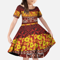 Samoa Siapo and Tapa Family Matching Summer Maxi Dress and Hawaiian Shirt Pacific Tribal Pattern with Hibiscus Striped Style LT03 Daughter's Dress Red - Polynesian Pride