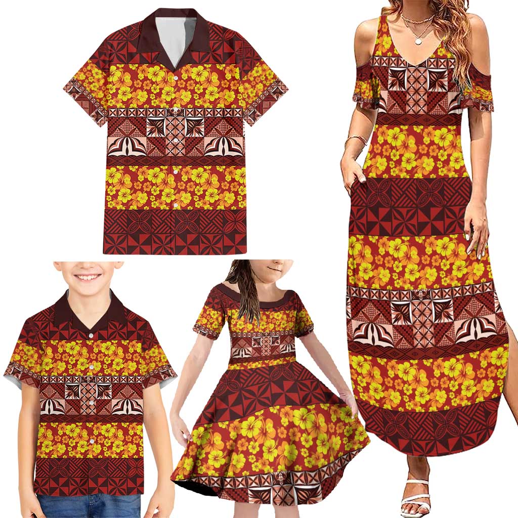 Samoa Siapo and Tapa Family Matching Summer Maxi Dress and Hawaiian Shirt Pacific Tribal Pattern with Hibiscus Striped Style LT03 - Polynesian Pride