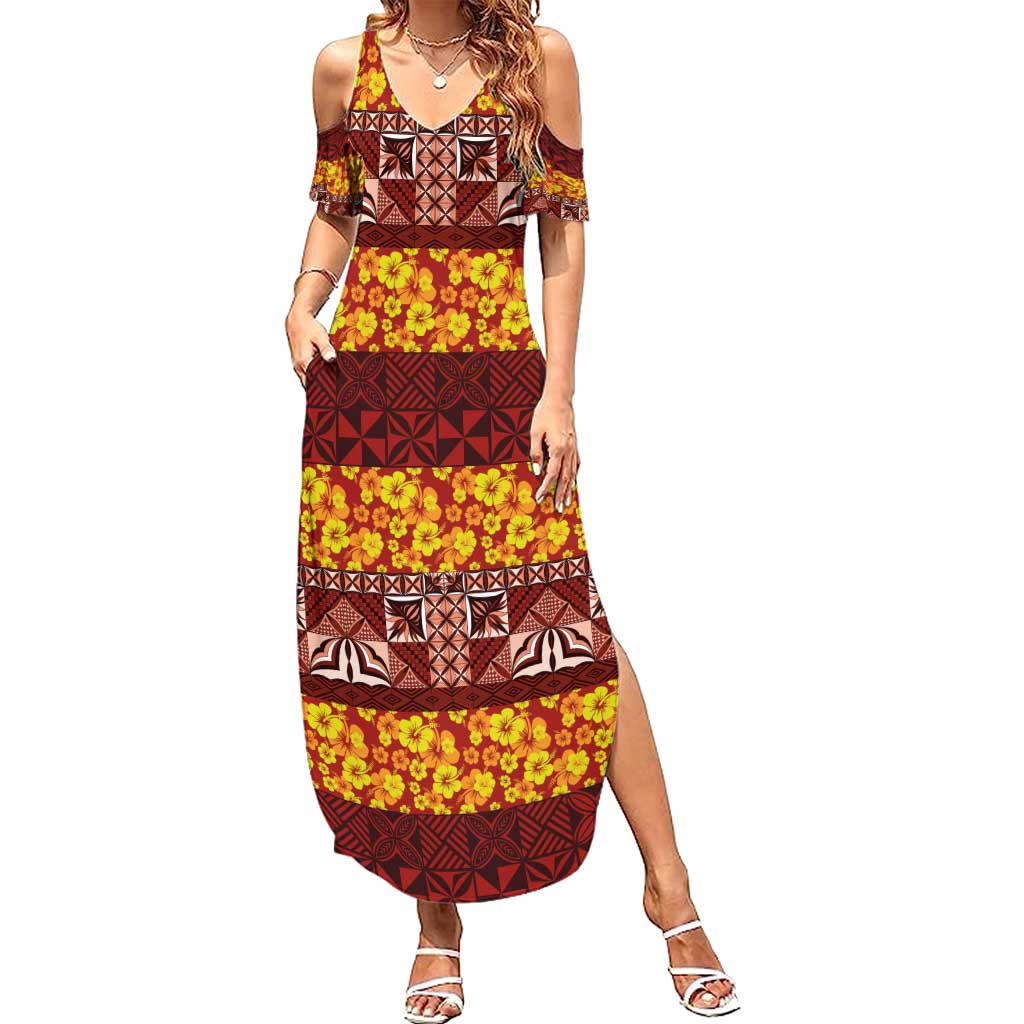 Samoa Siapo and Tapa Family Matching Summer Maxi Dress and Hawaiian Shirt Pacific Tribal Pattern with Hibiscus Striped Style LT03 Mom's Dress Red - Polynesian Pride