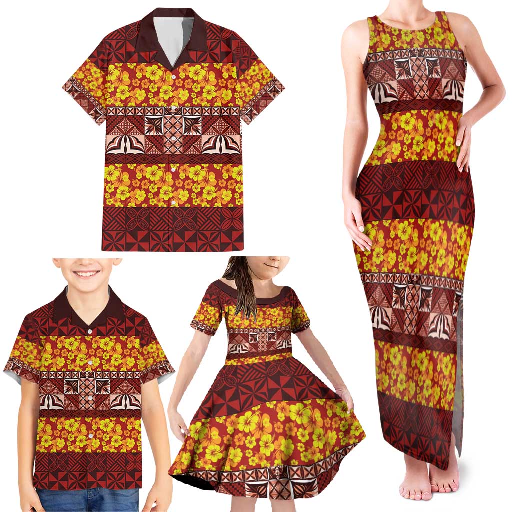 Samoa Siapo and Tapa Family Matching Tank Maxi Dress and Hawaiian Shirt Pacific Tribal Pattern with Hibiscus Striped Style LT03 - Polynesian Pride