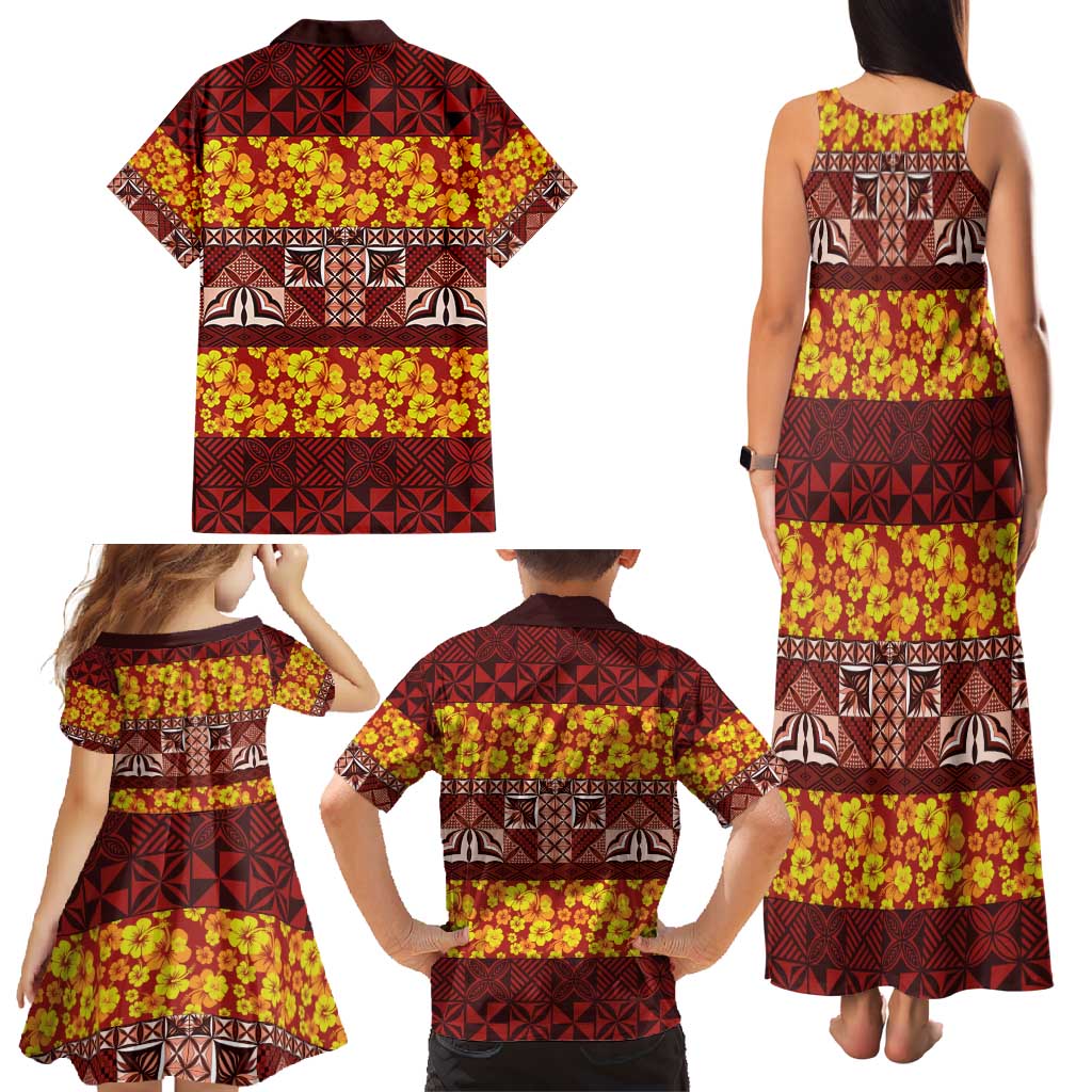 Samoa Siapo and Tapa Family Matching Tank Maxi Dress and Hawaiian Shirt Pacific Tribal Pattern with Hibiscus Striped Style LT03 - Polynesian Pride