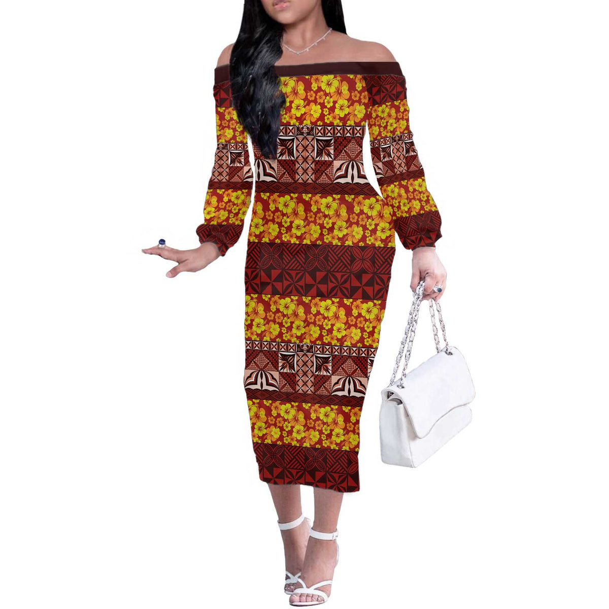 Samoa Siapo and Tapa Off The Shoulder Long Sleeve Dress Pacific Tribal Pattern with Hibiscus Striped Style LT03 Women Red - Polynesian Pride