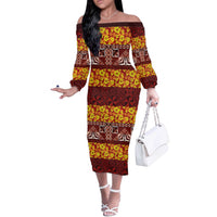 Samoa Siapo and Tapa Off The Shoulder Long Sleeve Dress Pacific Tribal Pattern with Hibiscus Striped Style LT03 Women Red - Polynesian Pride