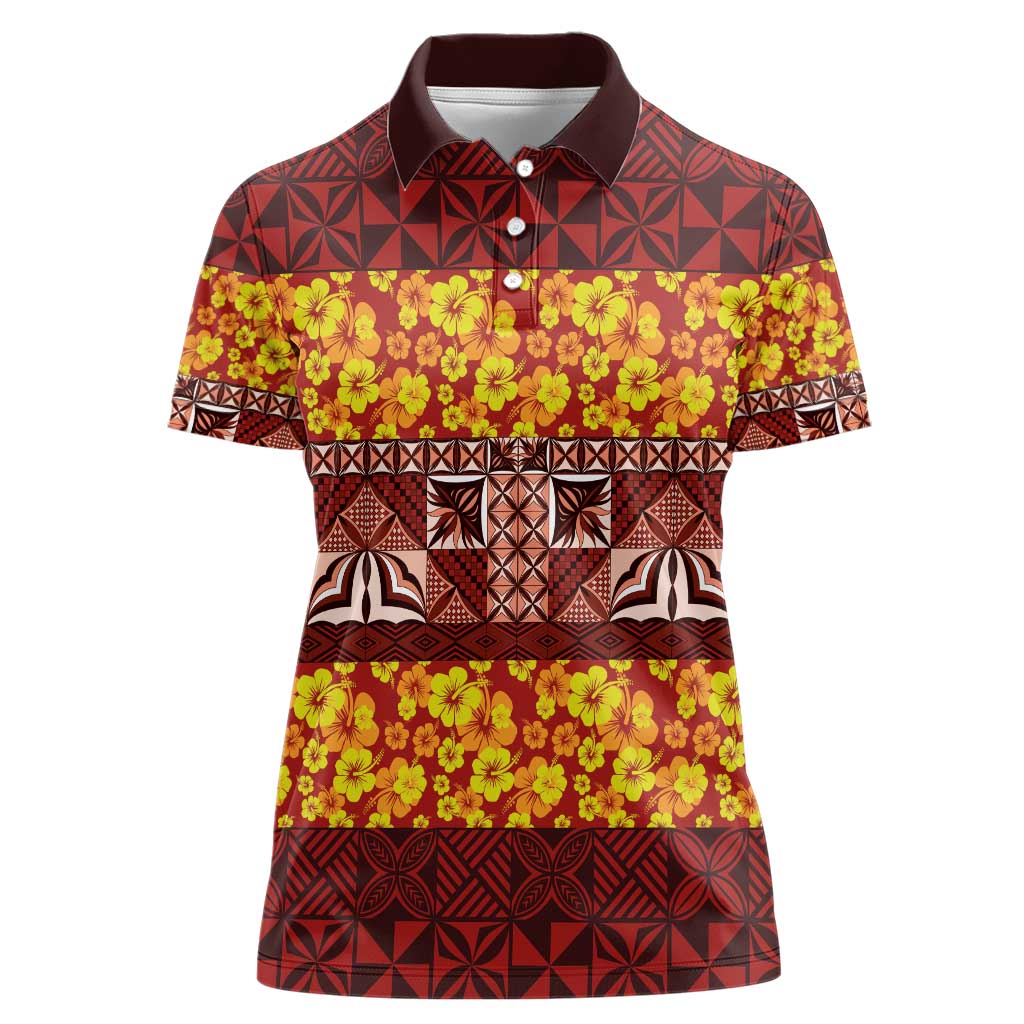 Samoa Siapo and Tapa Women Polo Shirt - Pacific Tribal Pattern with Hibiscus Striped Style LT03 Female Red - Polynesian Pride