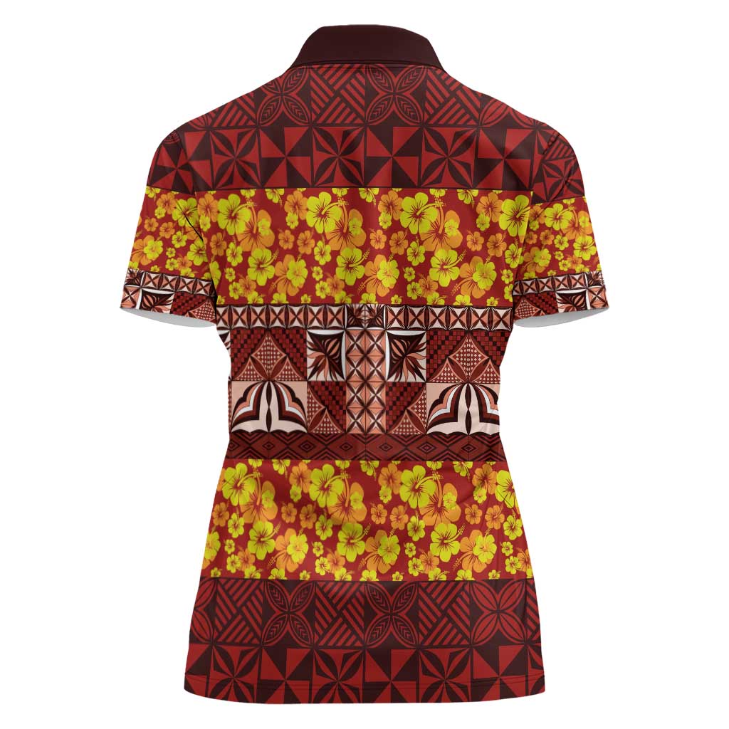Samoa Siapo and Tapa Women Polo Shirt - Pacific Tribal Pattern with Hibiscus Striped Style LT03 - Polynesian Pride