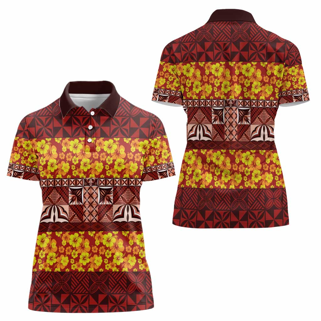 Samoa Siapo and Tapa Women Polo Shirt - Pacific Tribal Pattern with Hibiscus Striped Style LT03 - Polynesian Pride