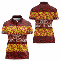 Samoa Siapo and Tapa Women Polo Shirt - Pacific Tribal Pattern with Hibiscus Striped Style LT03 - Polynesian Pride
