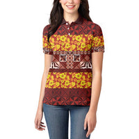 Samoa Siapo and Tapa Women Polo Shirt - Pacific Tribal Pattern with Hibiscus Striped Style LT03 - Polynesian Pride