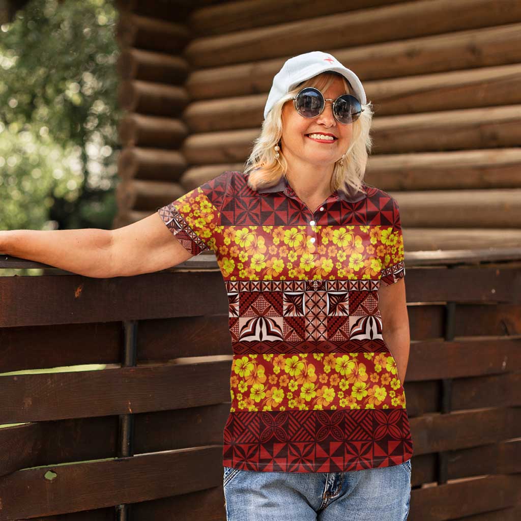 Samoa Siapo and Tapa Women Polo Shirt - Pacific Tribal Pattern with Hibiscus Striped Style LT03 - Polynesian Pride