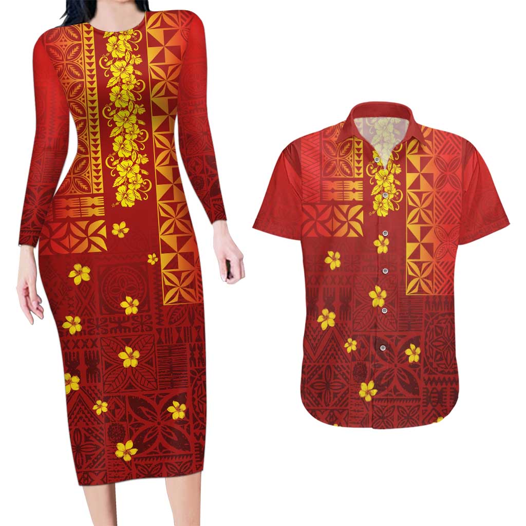 Samoa Tapa Pacific Tribal Pattern Couples Matching Long Sleeve Bodycon Dress and Hawaiian Shirt Hibiscus and Plumeria LT03 Red - Polynesian Pride