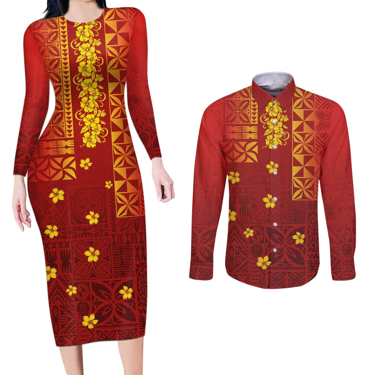 Samoa Tapa Pacific Tribal Pattern Couples Matching Long Sleeve Bodycon Dress and Long Sleeve Button Shirt Hibiscus and Plumeria LT03 Red - Polynesian Pride