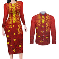 Samoa Tapa Pacific Tribal Pattern Couples Matching Long Sleeve Bodycon Dress and Long Sleeve Button Shirt Hibiscus and Plumeria LT03 Red - Polynesian Pride