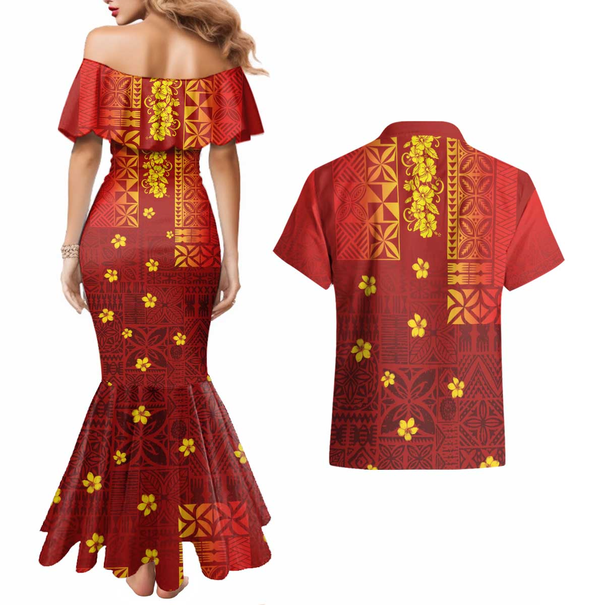 Samoa Tapa Pacific Tribal Pattern Couples Matching Mermaid Dress and Hawaiian Shirt Hibiscus and Plumeria LT03 - Polynesian Pride