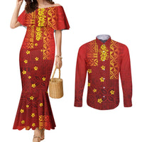 Samoa Tapa Pacific Tribal Pattern Couples Matching Mermaid Dress and Long Sleeve Button Shirt Hibiscus and Plumeria
