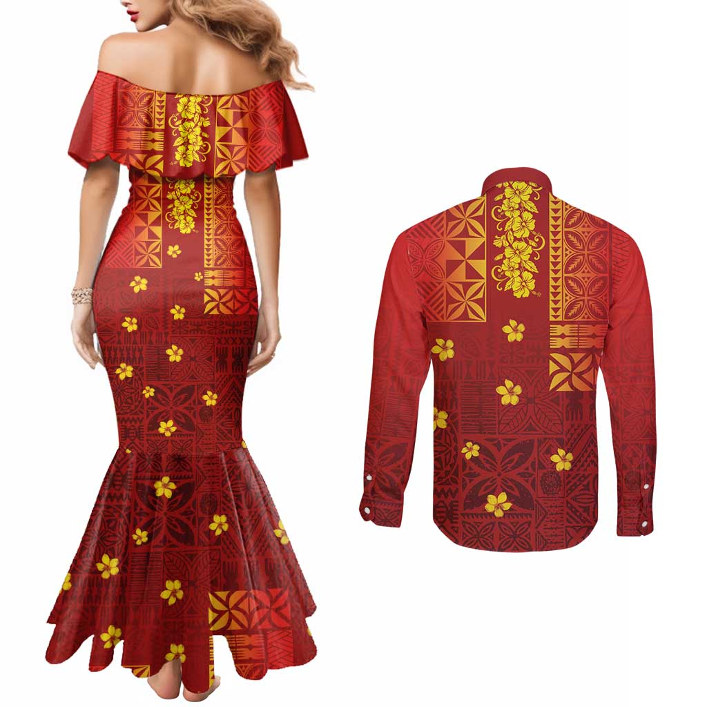 Samoa Tapa Pacific Tribal Pattern Couples Matching Mermaid Dress and Long Sleeve Button Shirt Hibiscus and Plumeria