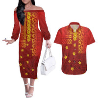 Samoa Tapa Pacific Tribal Pattern Couples Matching Off The Shoulder Long Sleeve Dress and Hawaiian Shirt Hibiscus and Plumeria LT03 Red - Polynesian Pride