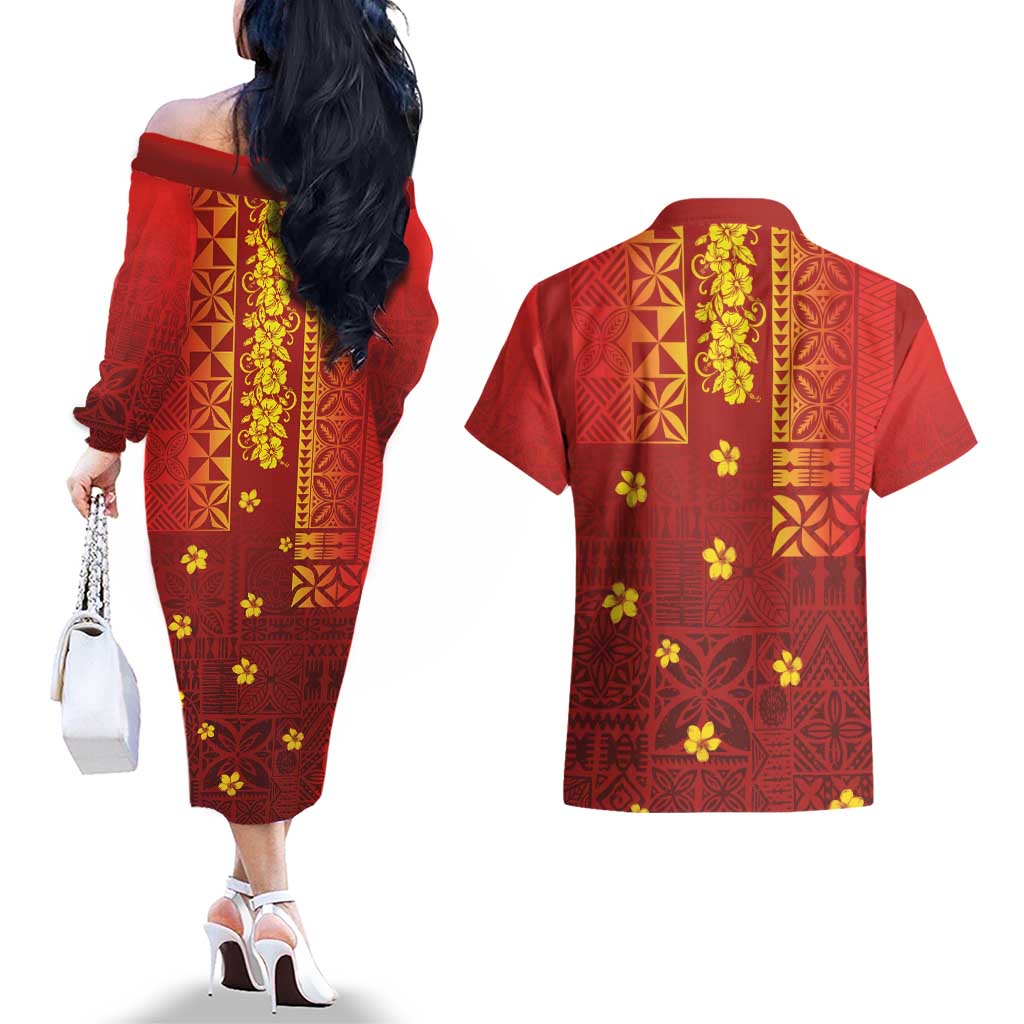 Samoa Tapa Pacific Tribal Pattern Couples Matching Off The Shoulder Long Sleeve Dress and Hawaiian Shirt Hibiscus and Plumeria LT03 - Polynesian Pride