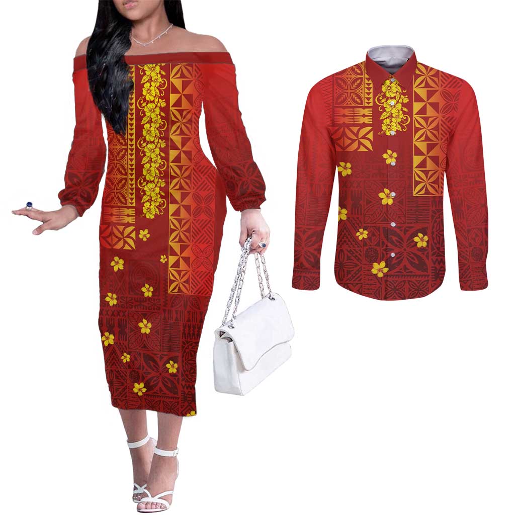 Samoa Tapa Pacific Tribal Pattern Couples Matching Off The Shoulder Long Sleeve Dress and Long Sleeve Button Shirt Hibiscus and Plumeria LT03 Red - Polynesian Pride