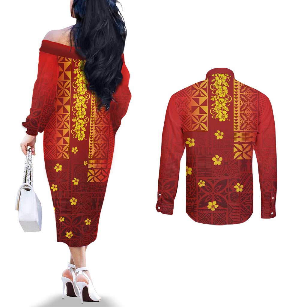 Samoa Tapa Pacific Tribal Pattern Couples Matching Off The Shoulder Long Sleeve Dress and Long Sleeve Button Shirt Hibiscus and Plumeria LT03 - Polynesian Pride