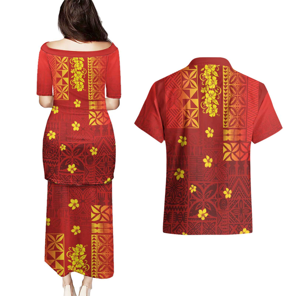 Samoa Tapa Pacific Tribal Pattern Couples Matching Puletasi and Hawaiian Shirt Hibiscus and Plumeria