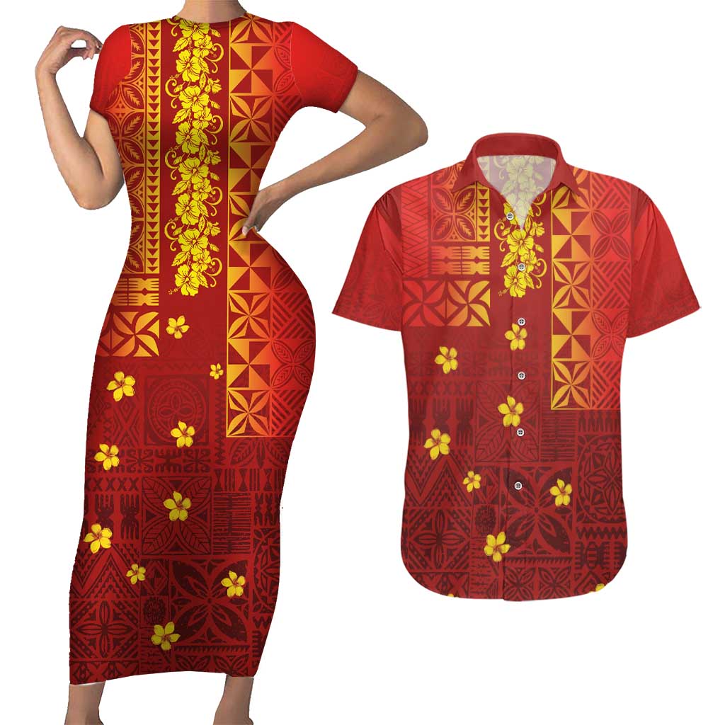 Samoa Tapa Pacific Tribal Pattern Couples Matching Short Sleeve Bodycon Dress and Hawaiian Shirt Hibiscus and Plumeria LT03 Red - Polynesian Pride