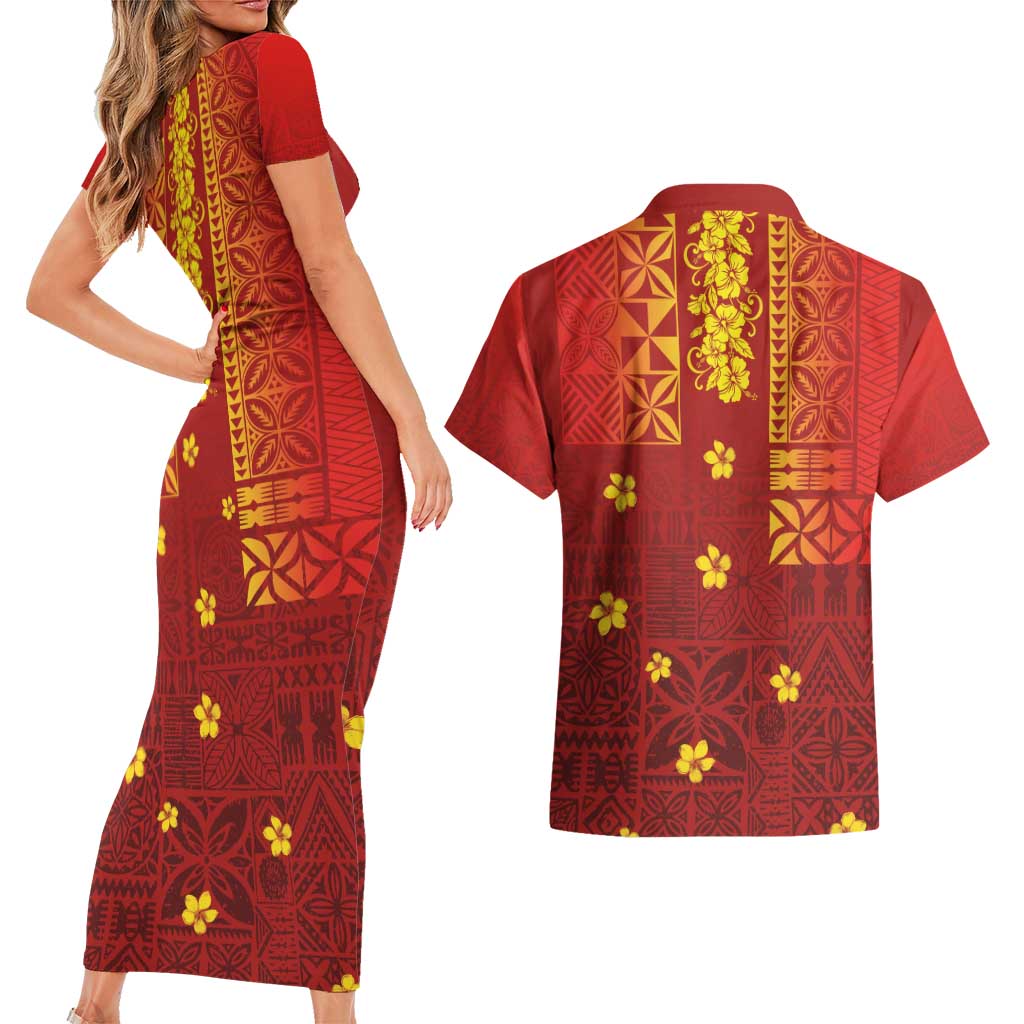 Samoa Tapa Pacific Tribal Pattern Couples Matching Short Sleeve Bodycon Dress and Hawaiian Shirt Hibiscus and Plumeria LT03 - Polynesian Pride