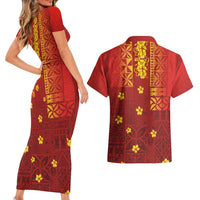 Samoa Tapa Pacific Tribal Pattern Couples Matching Short Sleeve Bodycon Dress and Hawaiian Shirt Hibiscus and Plumeria LT03 - Polynesian Pride