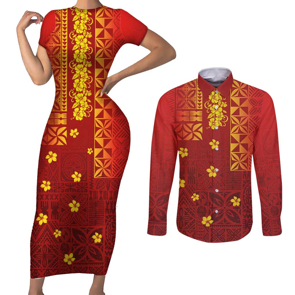 Samoa Tapa Pacific Tribal Pattern Couples Matching Short Sleeve Bodycon Dress and Long Sleeve Button Shirt Hibiscus and Plumeria LT03 Red - Polynesian Pride
