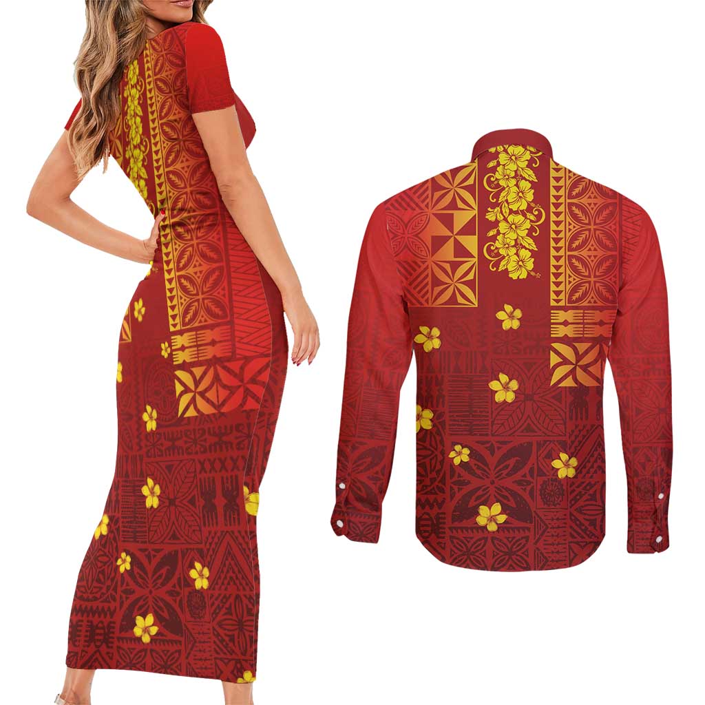 Samoa Tapa Pacific Tribal Pattern Couples Matching Short Sleeve Bodycon Dress and Long Sleeve Button Shirt Hibiscus and Plumeria LT03 - Polynesian Pride