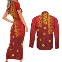 Samoa Tapa Pacific Tribal Pattern Couples Matching Short Sleeve Bodycon Dress and Long Sleeve Button Shirt Hibiscus and Plumeria LT03 - Polynesian Pride