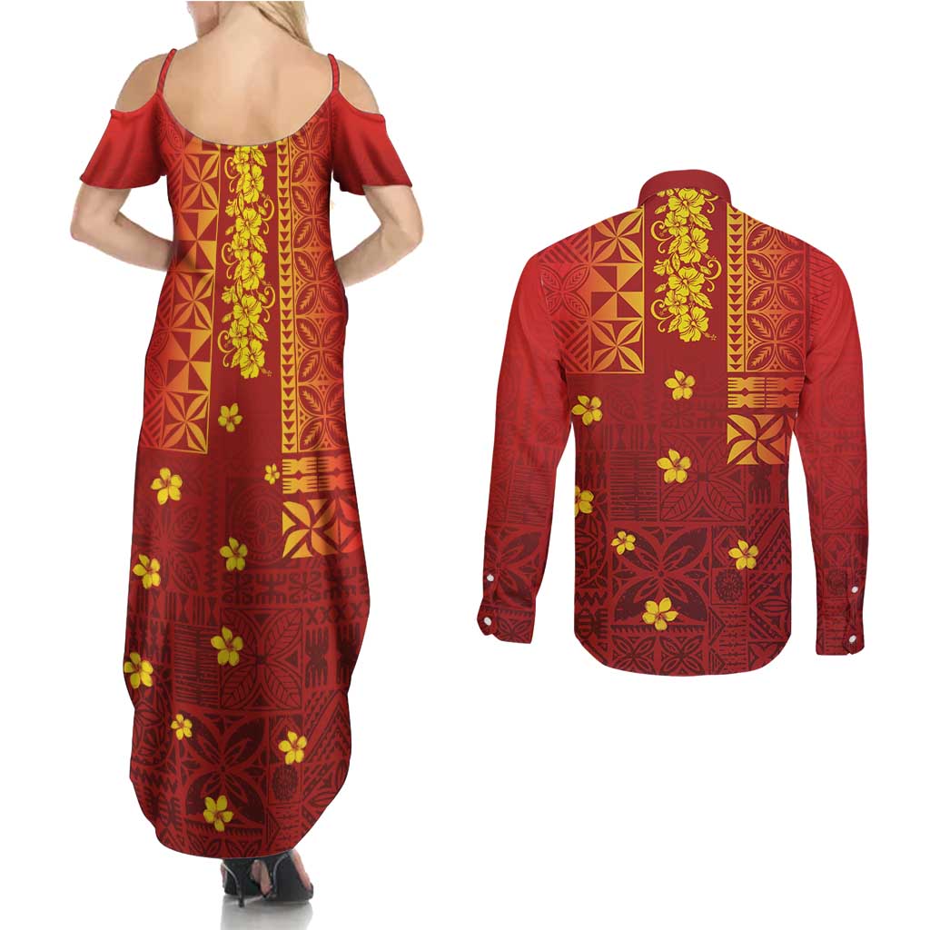 Samoa Tapa Pacific Tribal Pattern Couples Matching Summer Maxi Dress and Long Sleeve Button Shirt Hibiscus and Plumeria