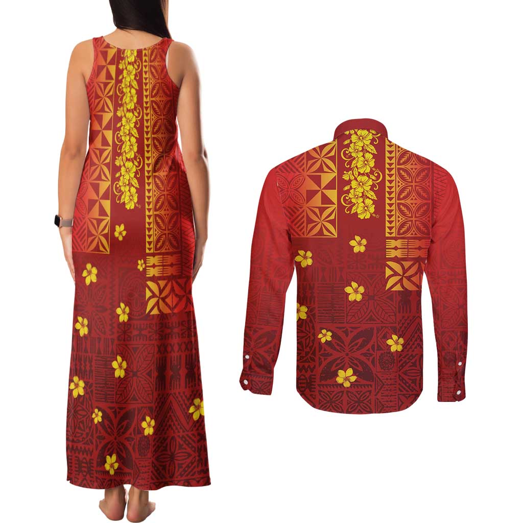Samoa Tapa Pacific Tribal Pattern Couples Matching Tank Maxi Dress and Long Sleeve Button Shirt Hibiscus and Plumeria