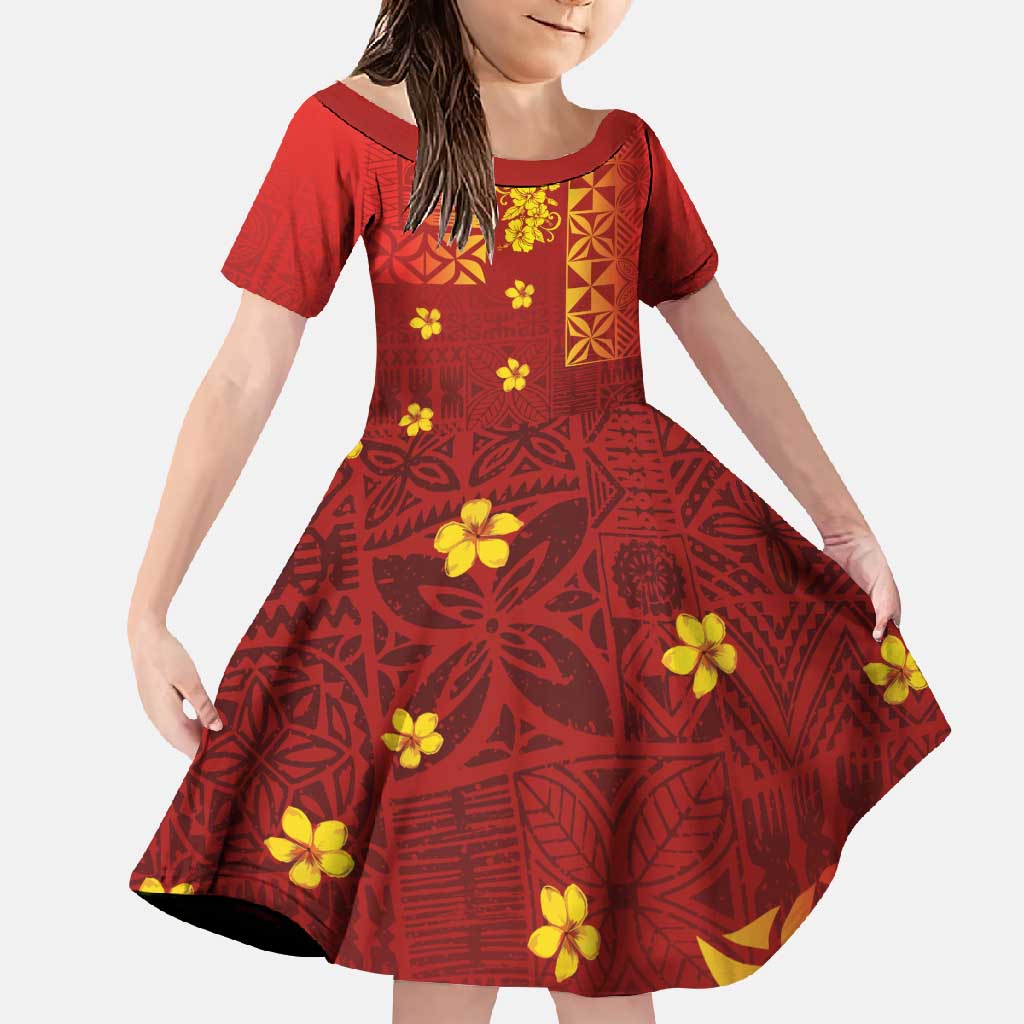 Samoa Tapa Pacific Tribal Pattern Family Matching Long Sleeve Bodycon Dress and Hawaiian Shirt Hibiscus and Plumeria LT03 Daughter's Dress Red - Polynesian Pride