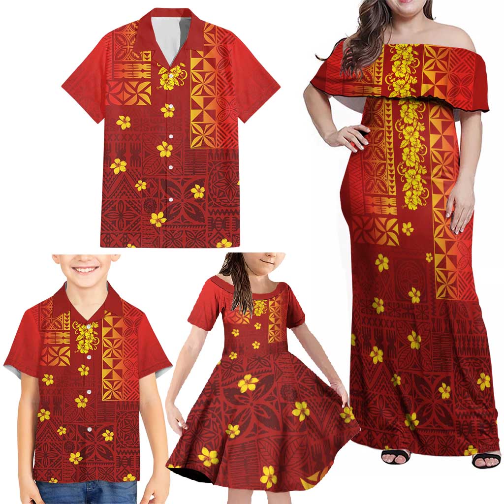 Samoa Tapa Pacific Tribal Pattern Family Matching Off Shoulder Maxi Dress and Hawaiian Shirt Hibiscus and Plumeria LT03 - Polynesian Pride