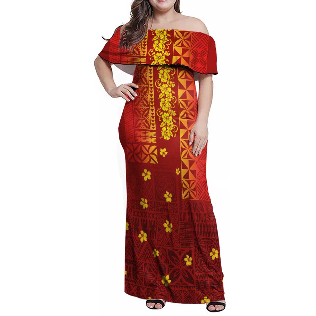 Samoa Tapa Pacific Tribal Pattern Family Matching Off Shoulder Maxi Dress and Hawaiian Shirt Hibiscus and Plumeria LT03 Mom's Dress Red - Polynesian Pride