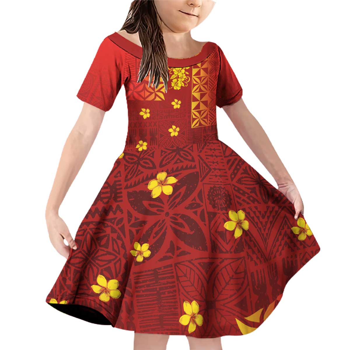 Samoa Tapa Pacific Tribal Pattern Family Matching Off Shoulder Short Dress and Hawaiian Shirt Hibiscus and Plumeria LT03 Daughter's Dress Red - Polynesian Pride