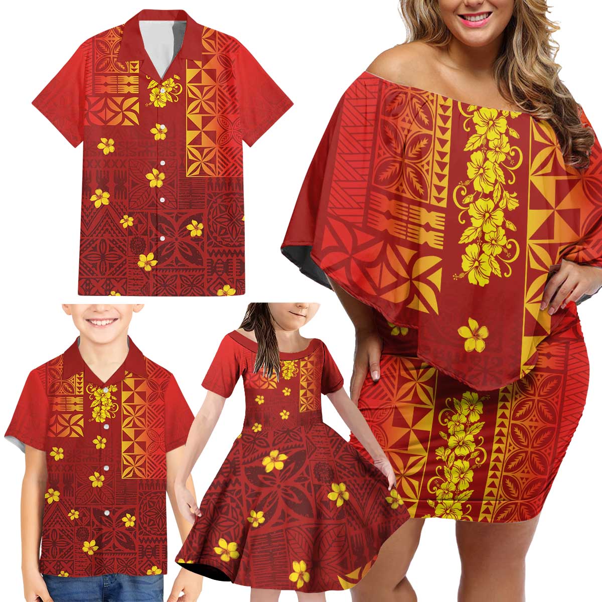 Samoa Tapa Pacific Tribal Pattern Family Matching Off Shoulder Short Dress and Hawaiian Shirt Hibiscus and Plumeria LT03 - Polynesian Pride