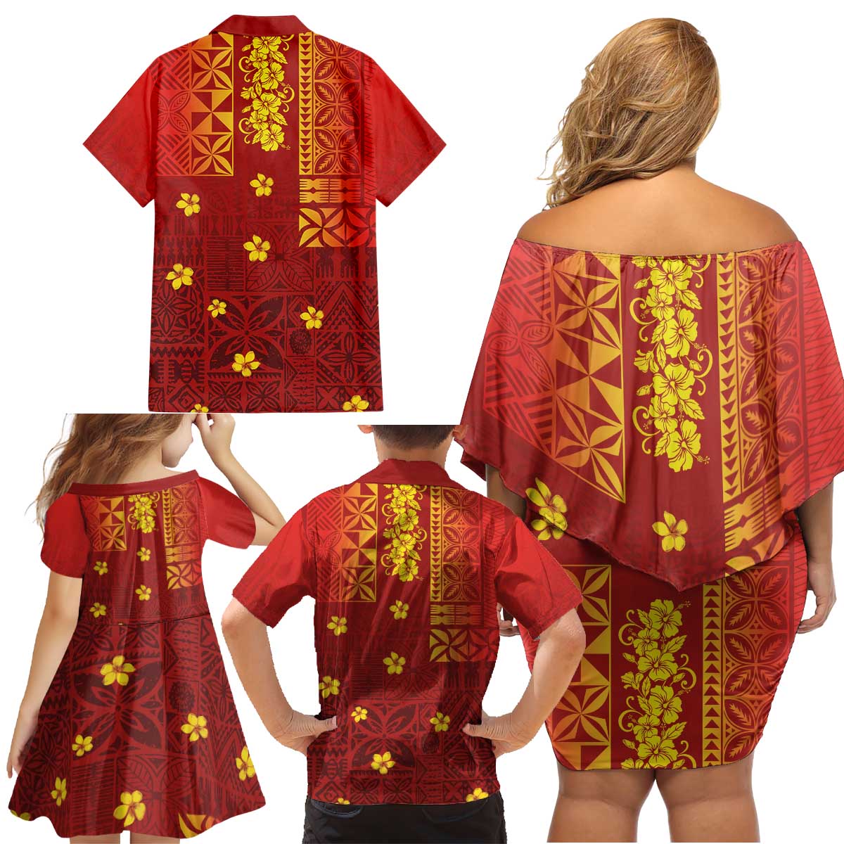 Samoa Tapa Pacific Tribal Pattern Family Matching Off Shoulder Short Dress and Hawaiian Shirt Hibiscus and Plumeria LT03 - Polynesian Pride