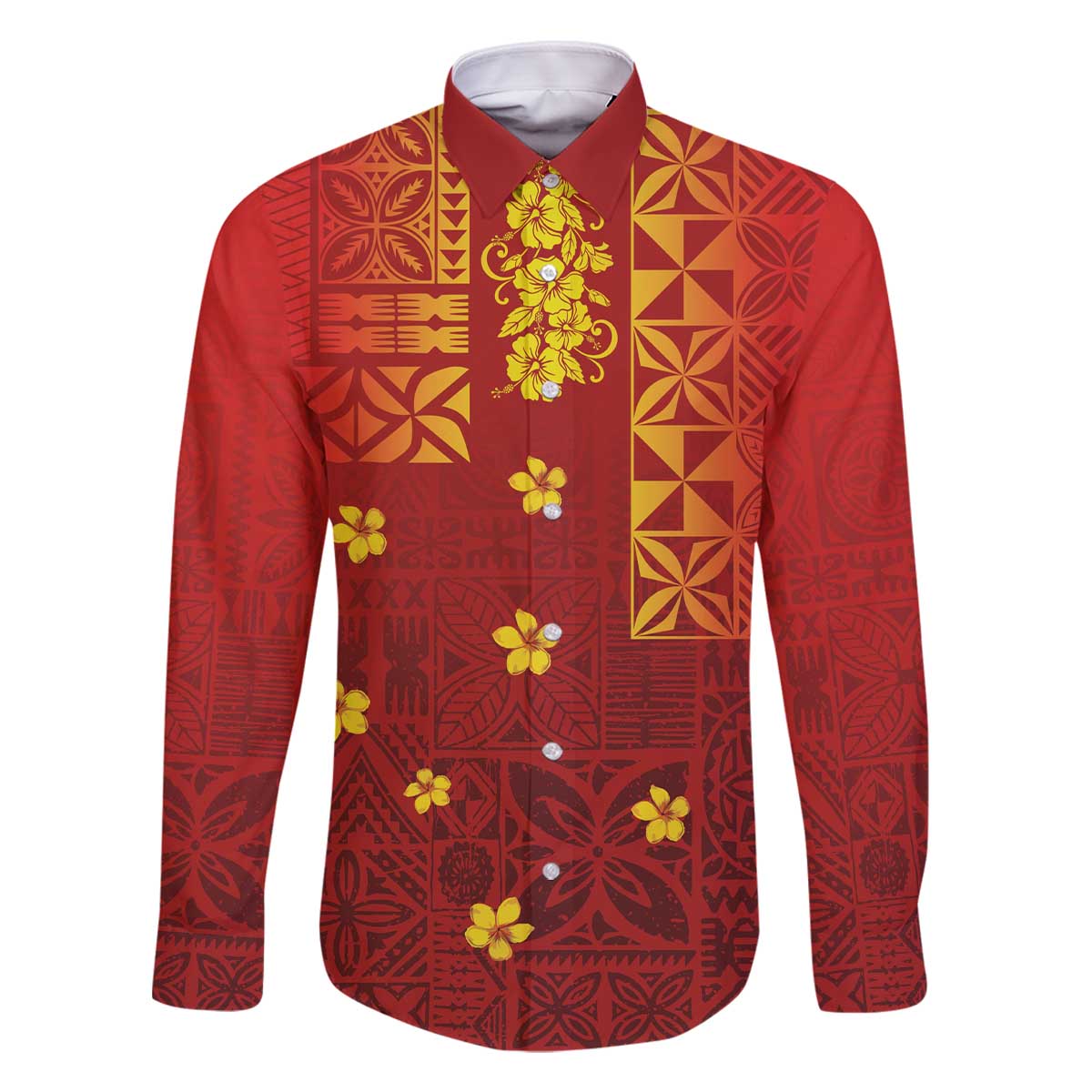 Samoa Tapa Pacific Tribal Pattern Family Matching Off Shoulder Short Dress and Hawaiian Shirt Hibiscus and Plumeria LT03 Dad's Shirt - Long Sleeve Red - Polynesian Pride