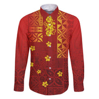 Samoa Tapa Pacific Tribal Pattern Family Matching Off Shoulder Short Dress and Hawaiian Shirt Hibiscus and Plumeria LT03 Dad's Shirt - Long Sleeve Red - Polynesian Pride