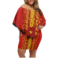 Samoa Tapa Pacific Tribal Pattern Family Matching Off Shoulder Short Dress and Hawaiian Shirt Hibiscus and Plumeria LT03 Mom's Dress Red - Polynesian Pride