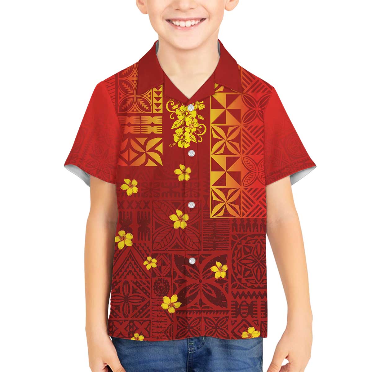 Samoa Tapa Pacific Tribal Pattern Family Matching Off Shoulder Short Dress and Hawaiian Shirt Hibiscus and Plumeria LT03 Son's Shirt Red - Polynesian Pride