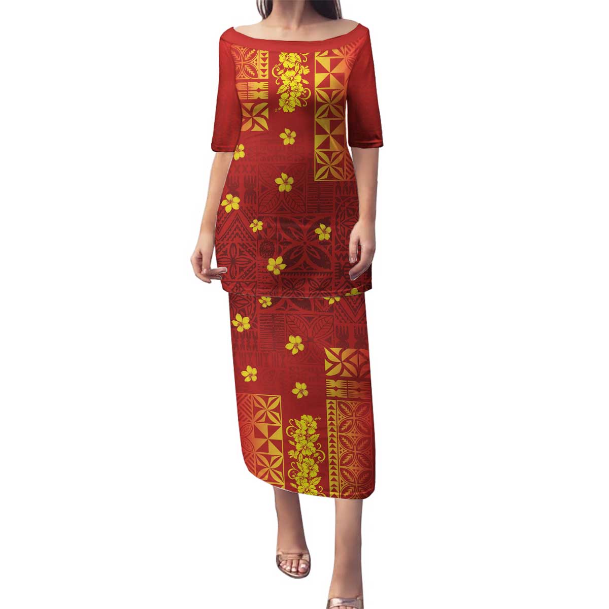 Samoa Tapa Pacific Tribal Pattern Family Matching Puletasi and Hawaiian Shirt Hibiscus and Plumeria LT03 Mom's Dress Red - Polynesian Pride