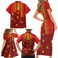 Samoa Tapa Pacific Tribal Pattern Family Matching Short Sleeve Bodycon Dress and Hawaiian Shirt Hibiscus and Plumeria LT03 - Polynesian Pride