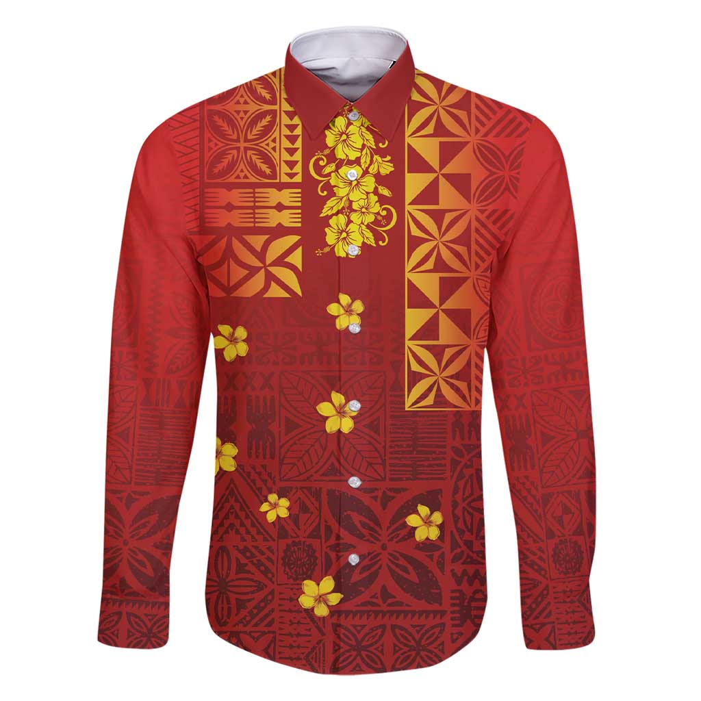 Samoa Tapa Pacific Tribal Pattern Family Matching Short Sleeve Bodycon Dress and Hawaiian Shirt Hibiscus and Plumeria LT03 Dad's Shirt - Long Sleeve Red - Polynesian Pride