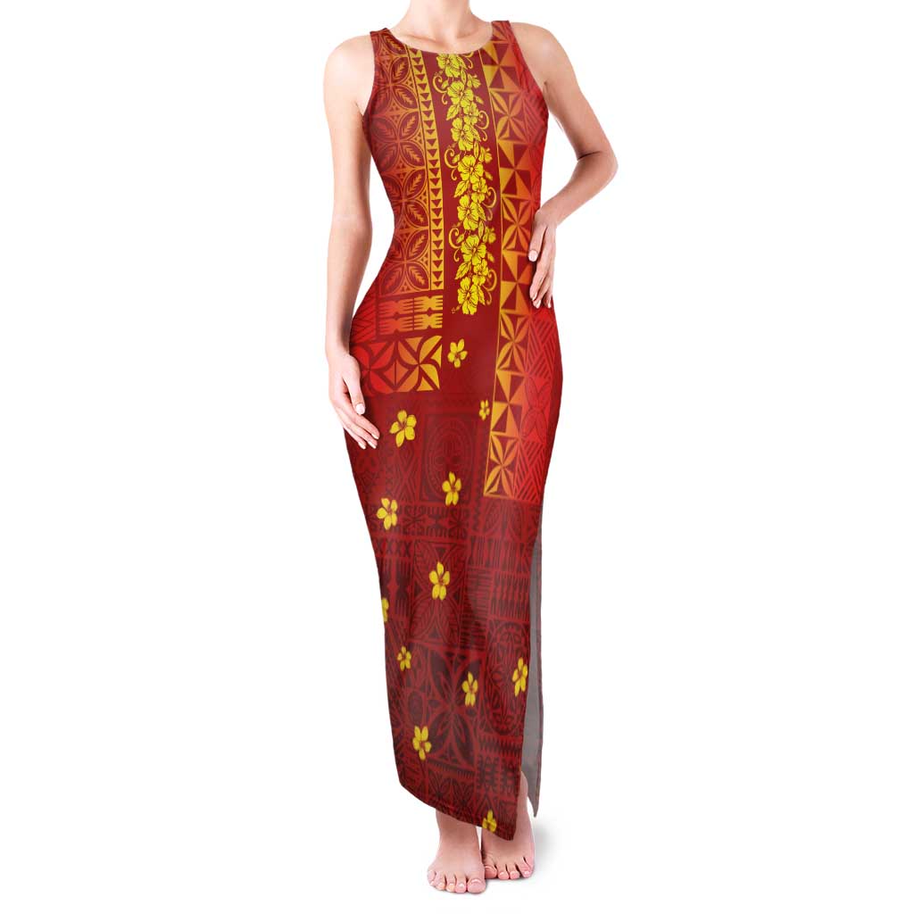 Samoa Tapa Pacific Tribal Pattern Family Matching Tank Maxi Dress and Hawaiian Shirt Hibiscus and Plumeria LT03 Mom's Dress Red - Polynesian Pride
